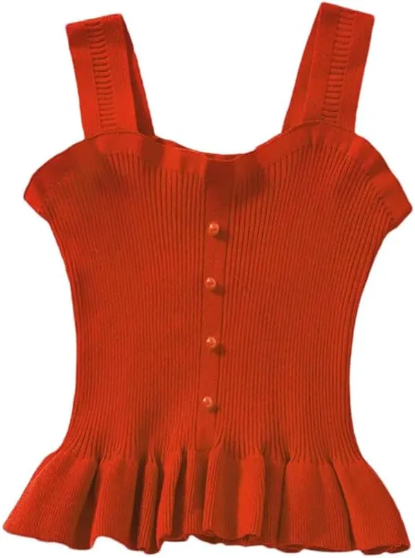 Women Ruffle Edge Button Tank Tops Elastic Knit Camisole Worn Outside Slim Sleeveless Rib Crop Top