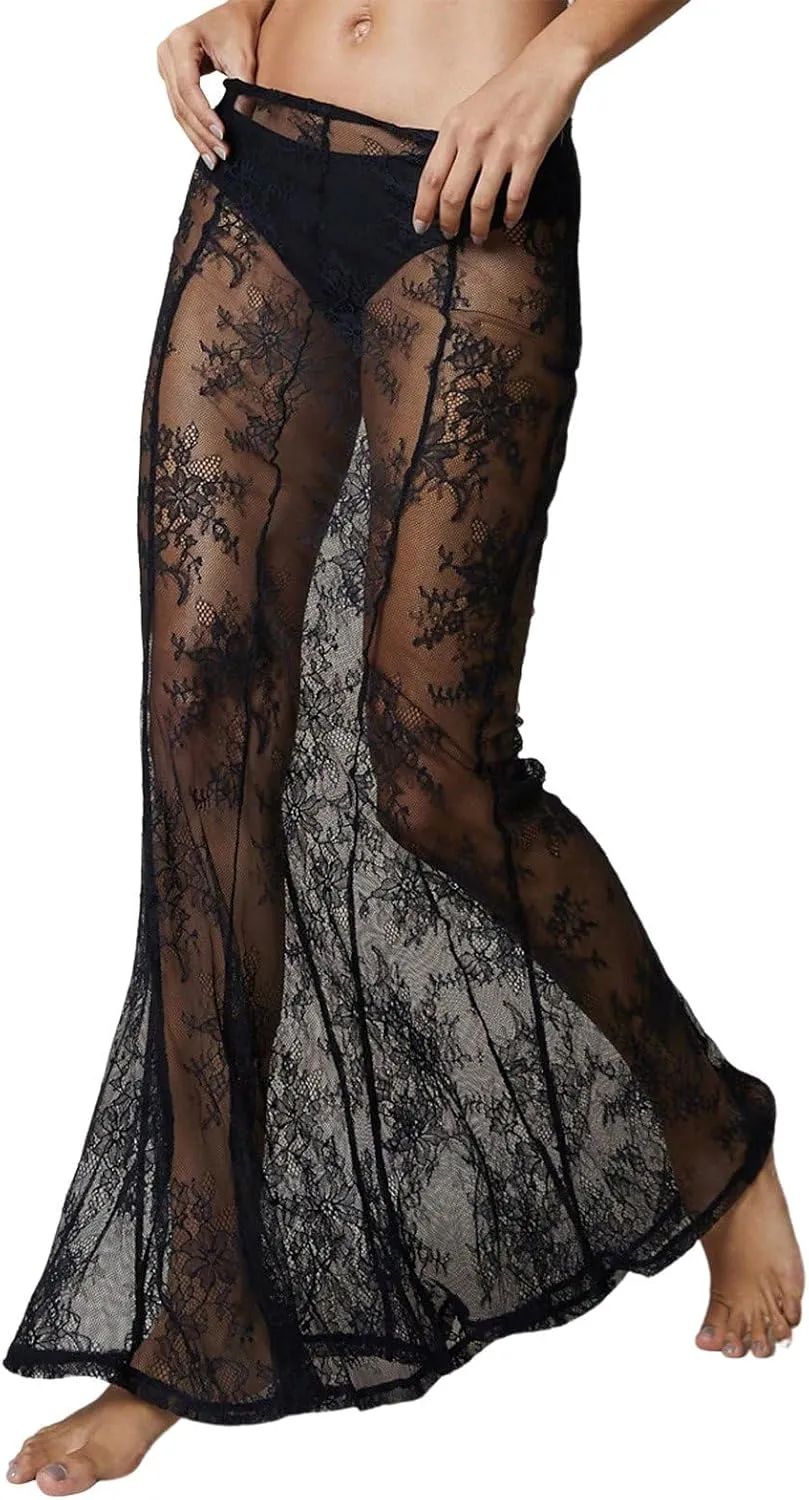 Women Sexy Lace Long Skirt Sheer Mesh Bodycon Maxi Skirts Elegant Summer Beach Coverups