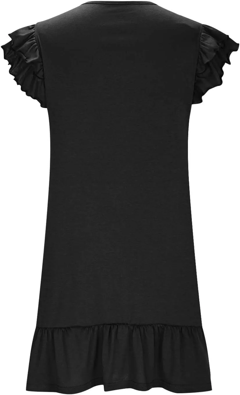 Women Summer Beach Party Casual Short Dress, Fashion Cap Sleeve V-Neck Loose Dress Ruffle Hem Mini Babydoll Dresses
