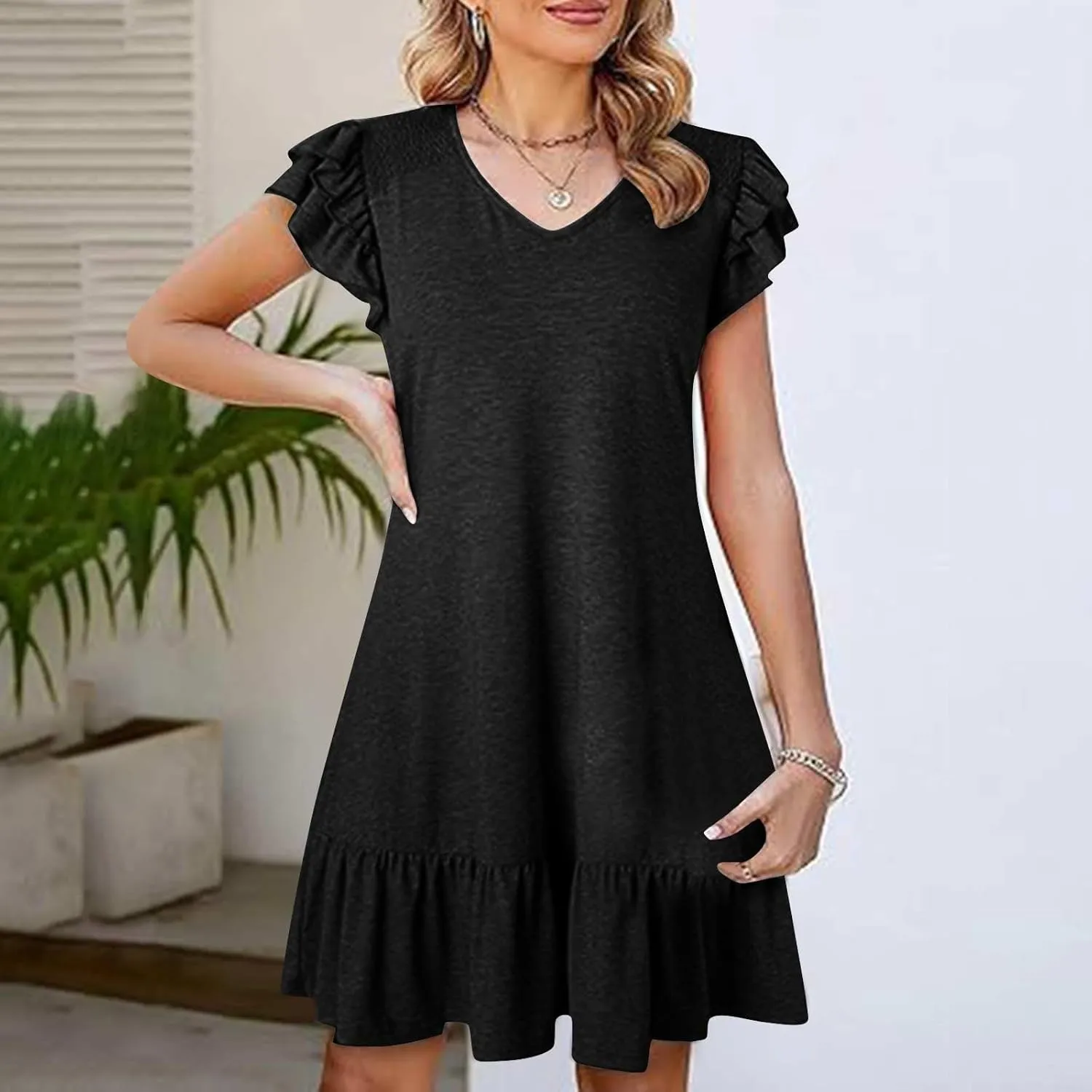 Women Summer Beach Party Casual Short Dress, Fashion Cap Sleeve V-Neck Loose Dress Ruffle Hem Mini Babydoll Dresses