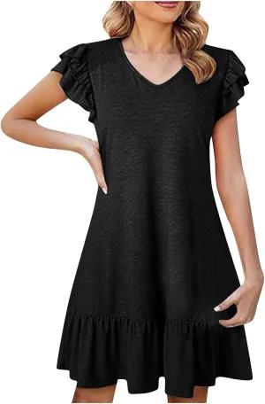 Women Summer Beach Party Casual Short Dress, Fashion Cap Sleeve V-Neck Loose Dress Ruffle Hem Mini Babydoll Dresses