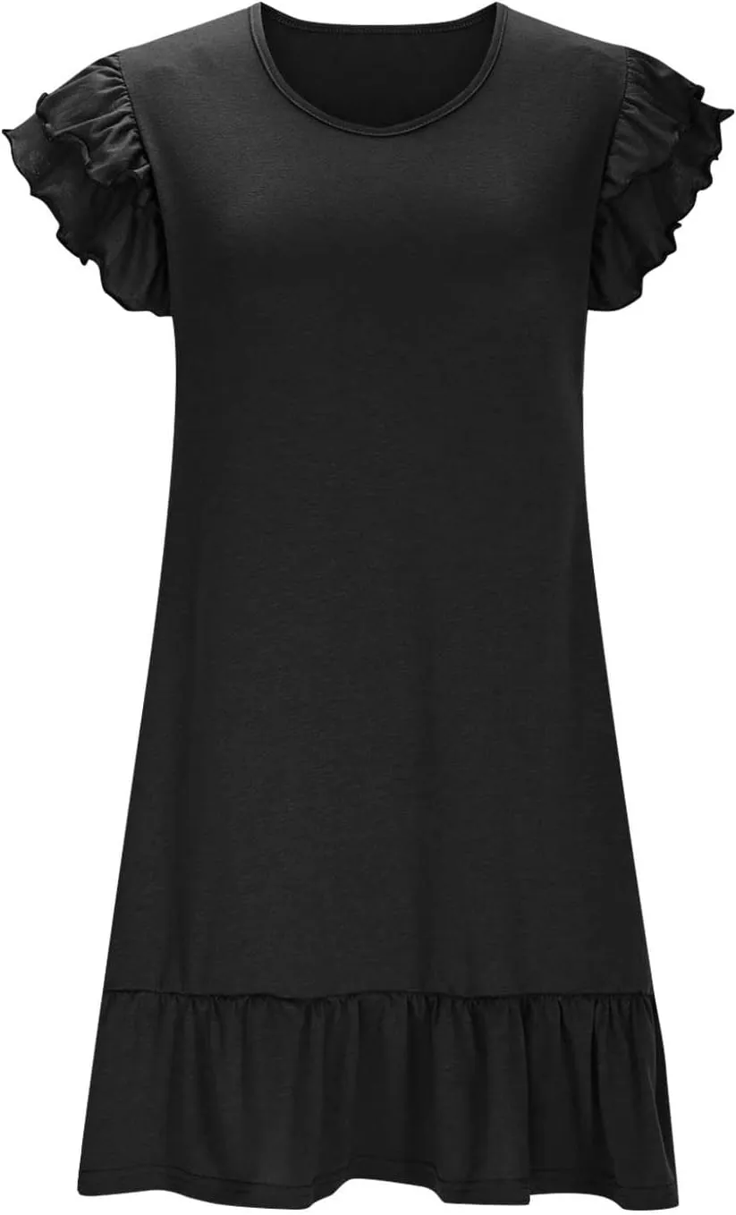 Women Summer Beach Party Casual Short Dress, Fashion Cap Sleeve V-Neck Loose Dress Ruffle Hem Mini Babydoll Dresses
