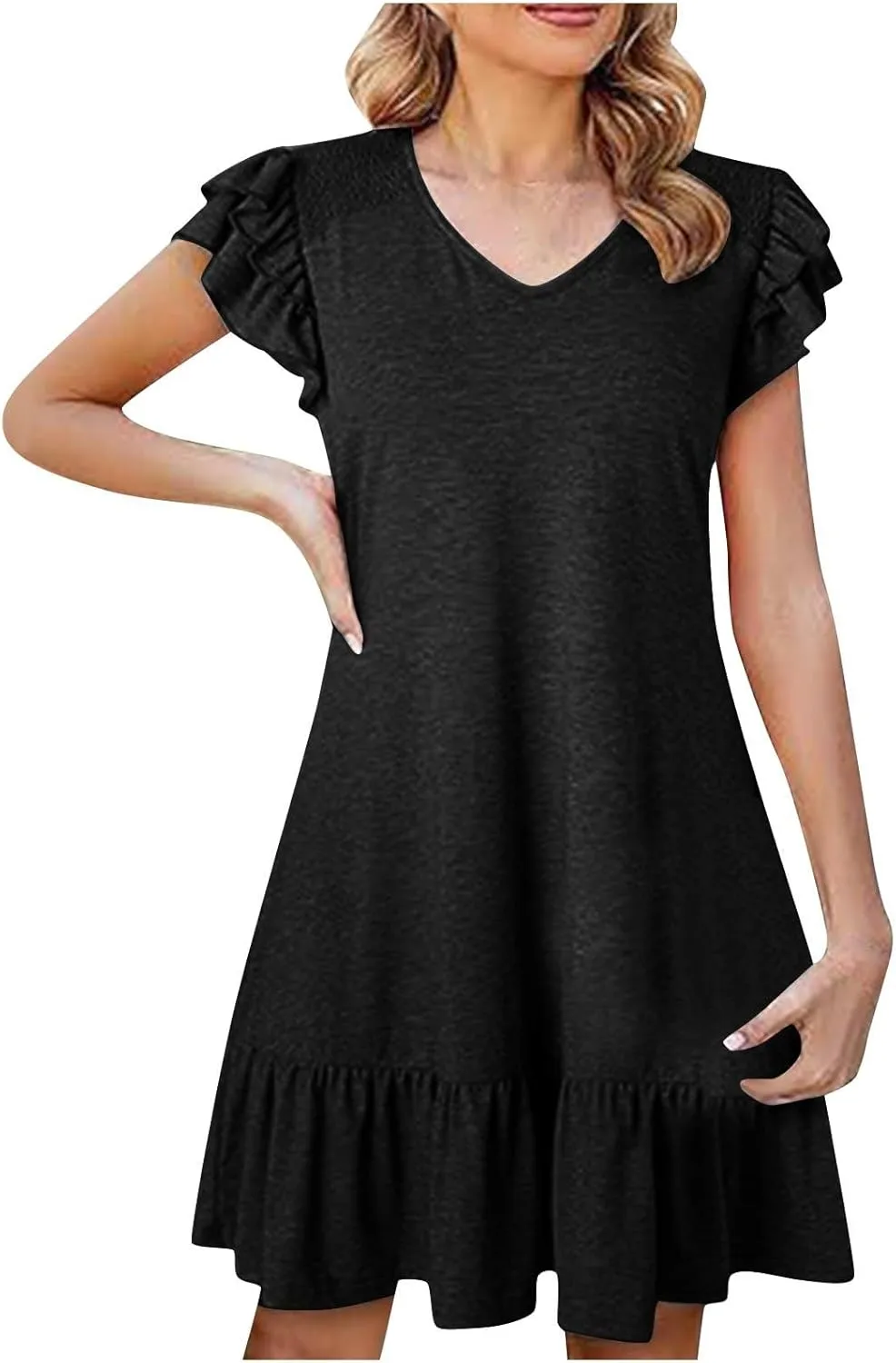 Women Summer Beach Party Casual Short Dress, Fashion Cap Sleeve V-Neck Loose Dress Ruffle Hem Mini Babydoll Dresses