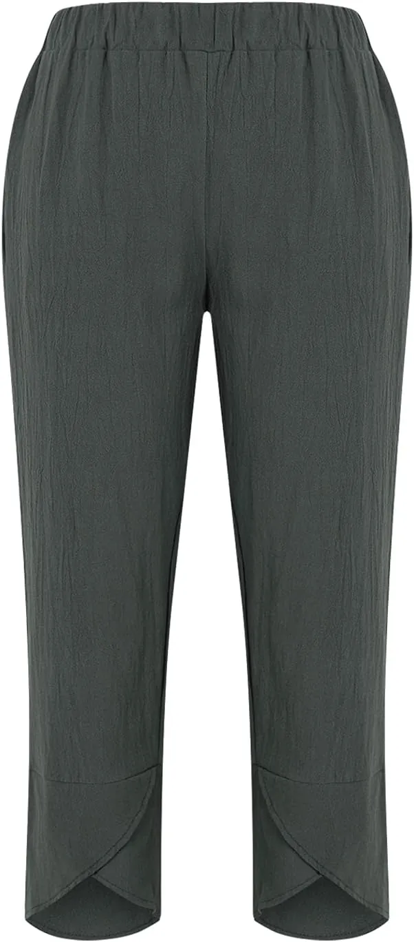 Women Summer Cotton Linen Niners Pants Wide Leg Middle Waist Loose Casual Trousers Beach Pant Outfits