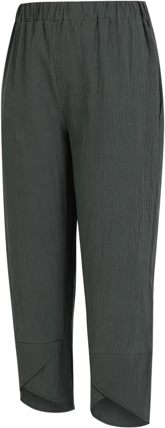 Women Summer Cotton Linen Niners Pants Wide Leg Middle Waist Loose Casual Trousers Beach Pant Outfits