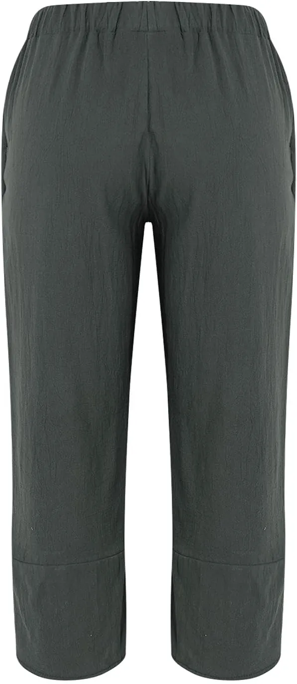 Women Summer Cotton Linen Niners Pants Wide Leg Middle Waist Loose Casual Trousers Beach Pant Outfits