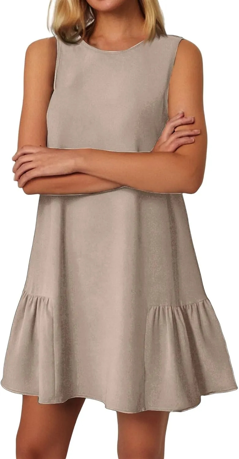Women Summer Dress Solid Color Casual Sleeveless Tank Dresses Ruffle Hem Crewneck Loose Mini Dress