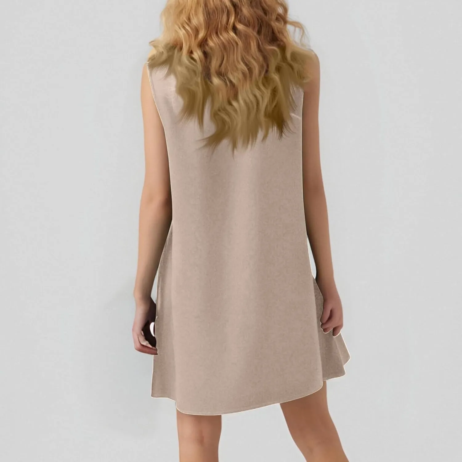 Women Summer Dress Solid Color Casual Sleeveless Tank Dresses Ruffle Hem Crewneck Loose Mini Dress