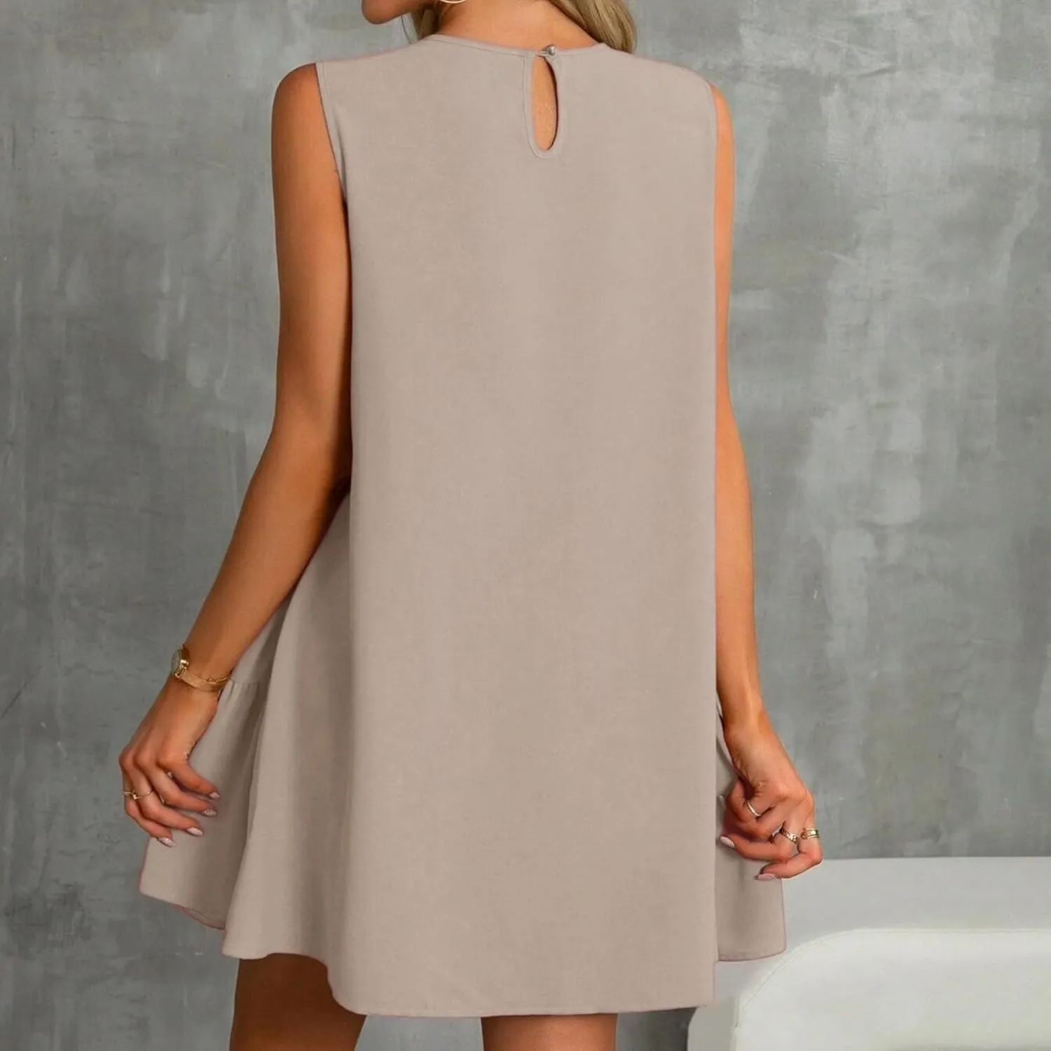 Women Summer Dress Solid Color Casual Sleeveless Tank Dresses Ruffle Hem Crewneck Loose Mini Dress