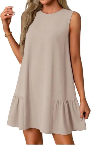 Women Summer Dress Solid Color Casual Sleeveless Tank Dresses Ruffle Hem Crewneck Loose Mini Dress
