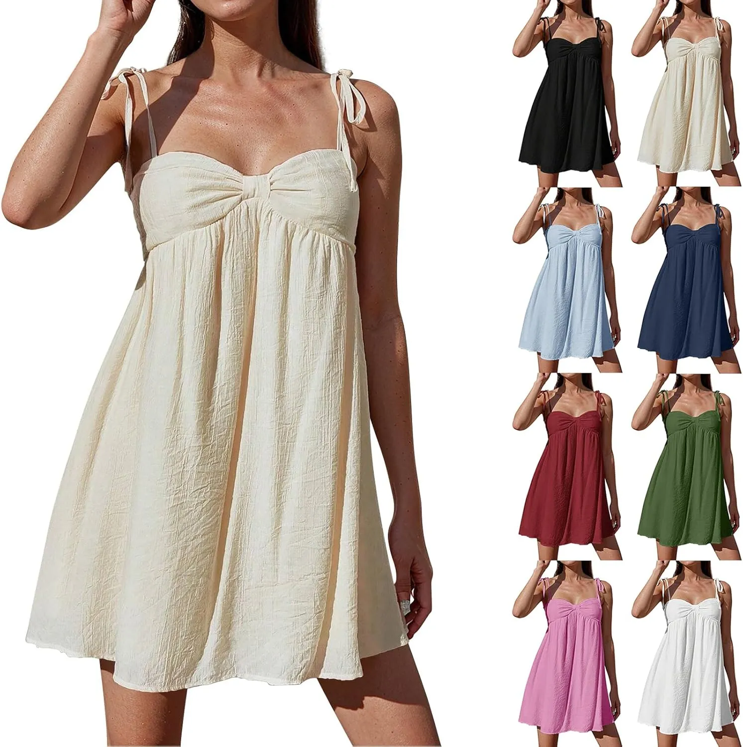 Women Summer Dresses Casual Sleeveless Flowy Mini Dress Cute Bowknot Spaghetti Strap Dress Y2k Boho Beach Sundresses
