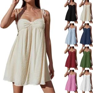 Women Summer Dresses Casual Sleeveless Flowy Mini Dress Cute Bowknot Spaghetti Strap Dress Y2k Boho Beach Sundresses