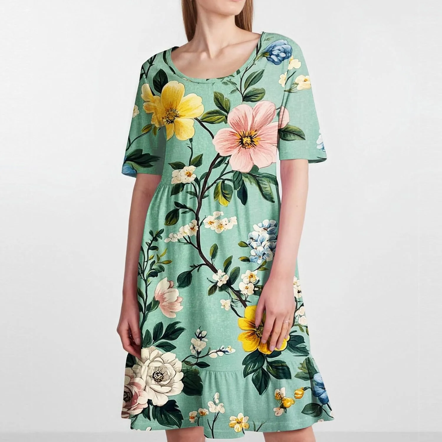 Women Summer Short Sleeve Dress Floral Printed Pleated Swing Knee Length Dresses Ruffle Hem Cocktail Party Dress