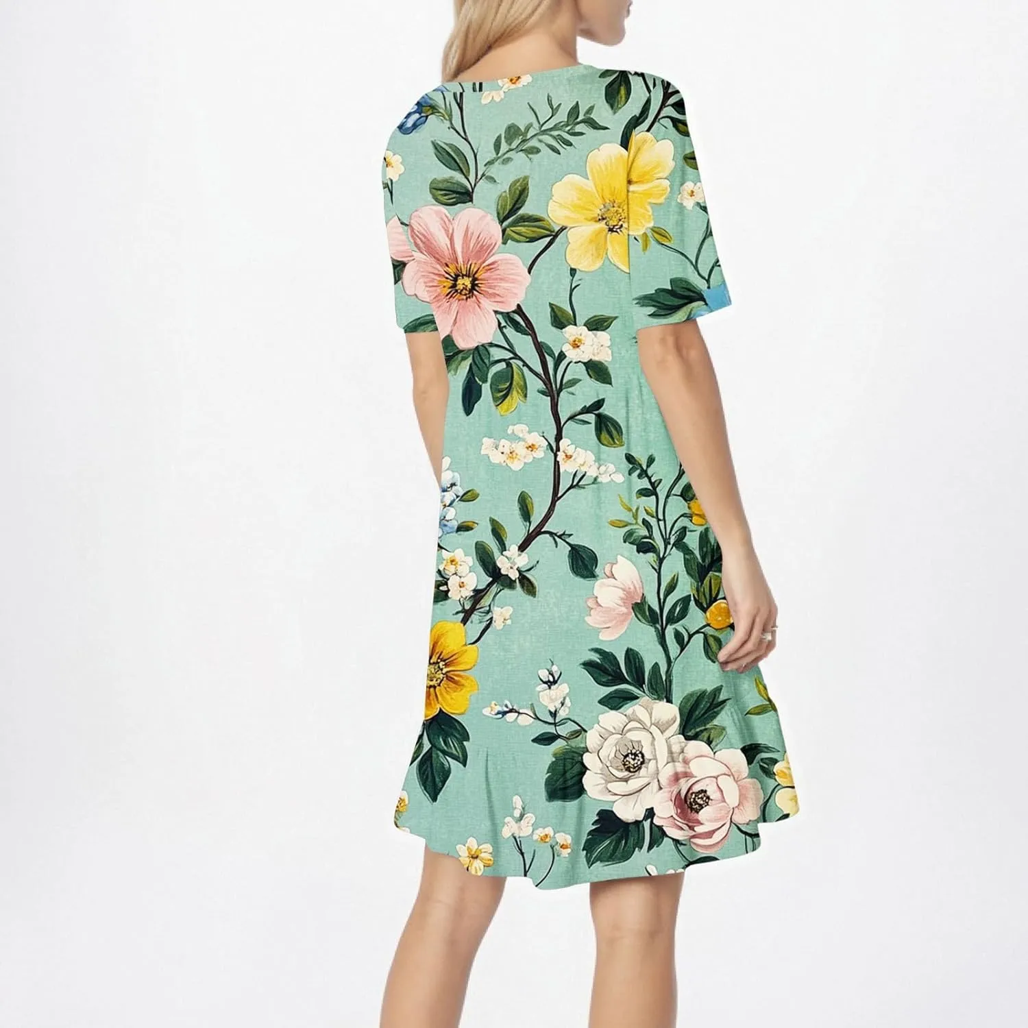 Women Summer Short Sleeve Dress Floral Printed Pleated Swing Knee Length Dresses Ruffle Hem Cocktail Party Dress