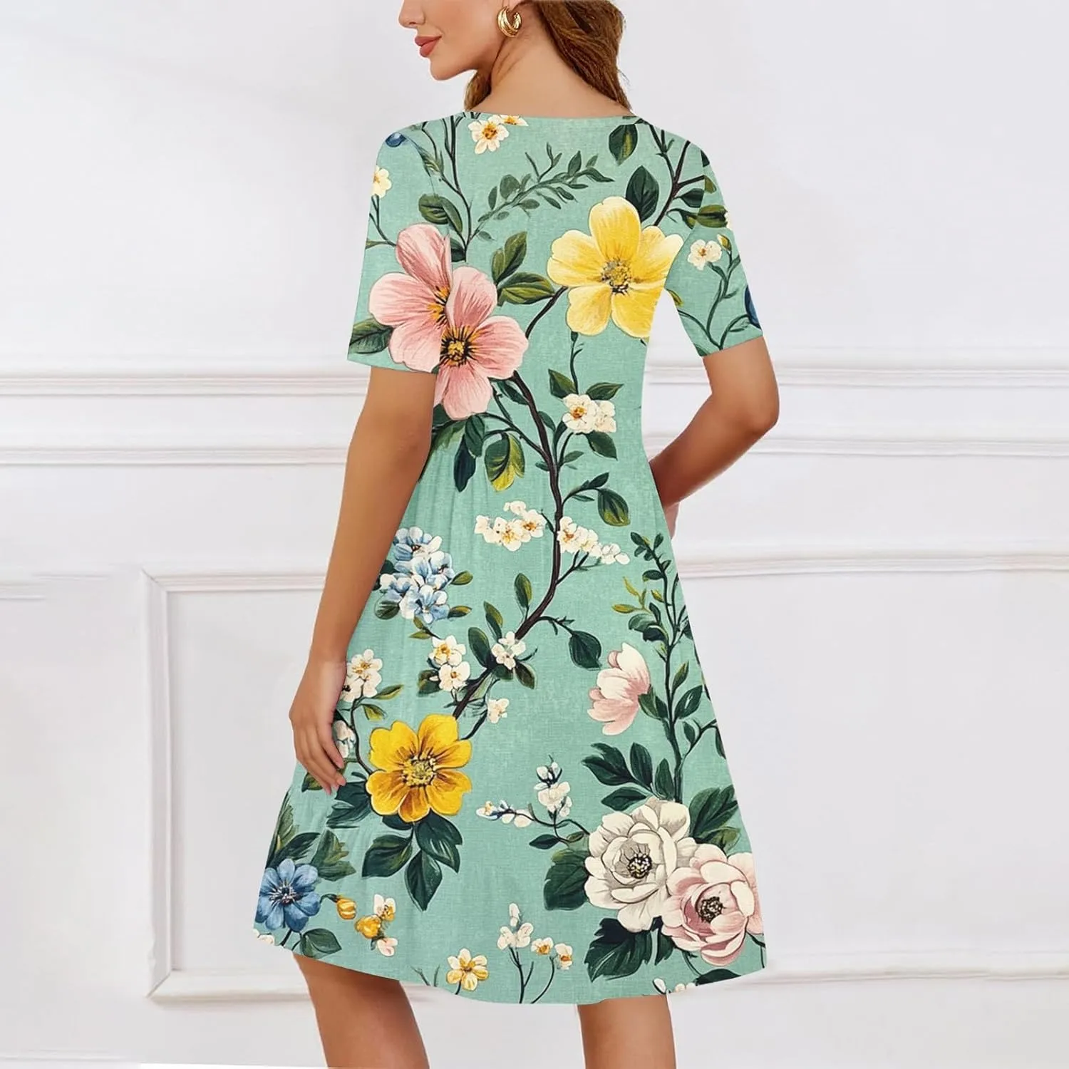 Women Summer Short Sleeve Dress Floral Printed Pleated Swing Knee Length Dresses Ruffle Hem Cocktail Party Dress