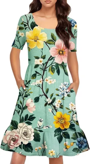 Women Summer Short Sleeve Dress Floral Printed Pleated Swing Knee Length Dresses Ruffle Hem Cocktail Party Dress