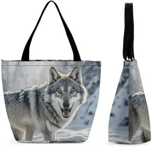 Women Tote Bags with Handles Howling Wolf Shoulder Bag with Zipper Handbags Shopping Bags Travel Bag Beach Bag Reusable Grocery Bag for Swim Holiday Gift