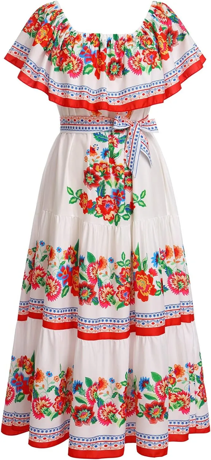 Women Traditional Mexican Dress Off Shoulder Floral Fiesta Folklorico Dresses Tropical Bohemian Maxi Long Sundress