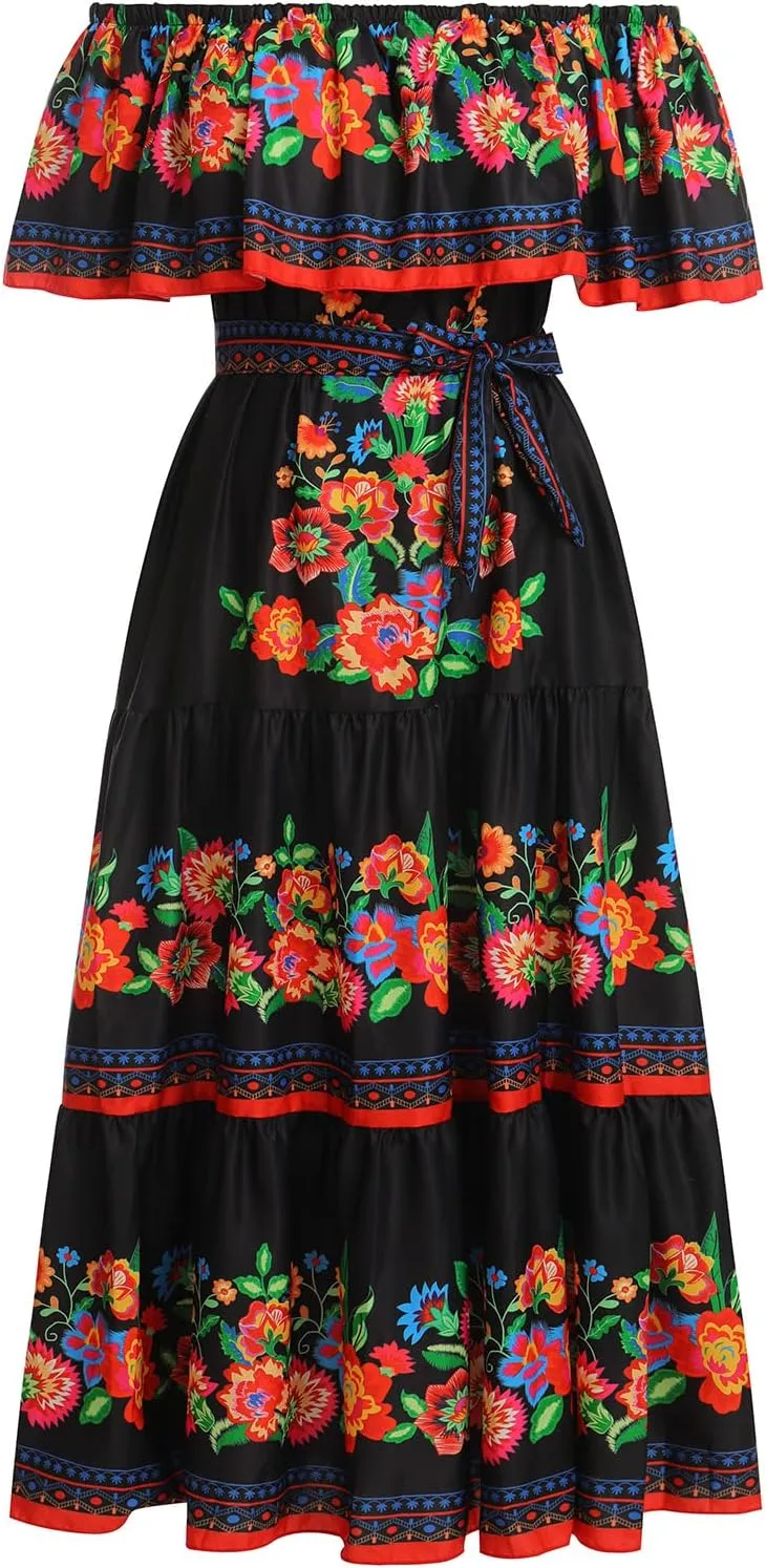 Women Traditional Mexican Dress Off Shoulder Floral Fiesta Folklorico Dresses Tropical Bohemian Maxi Long Sundress