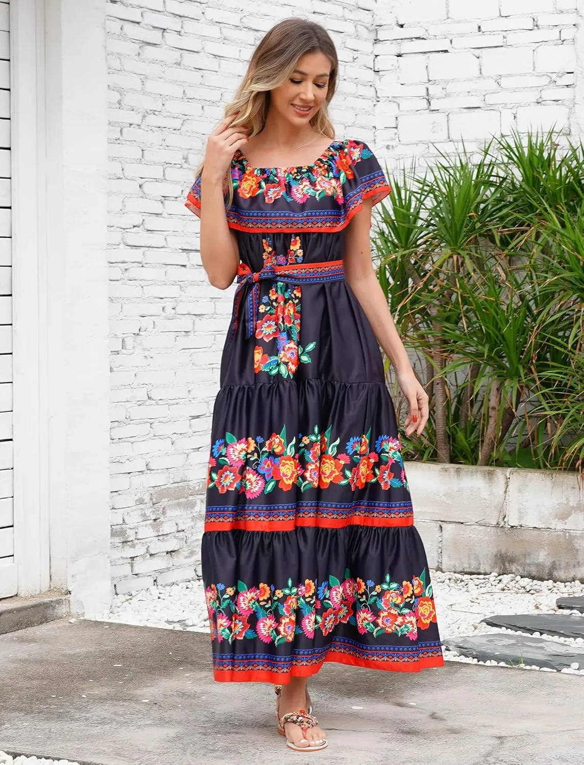 Women Traditional Mexican Dress Off Shoulder Floral Fiesta Folklorico Dresses Tropical Bohemian Maxi Long Sundress