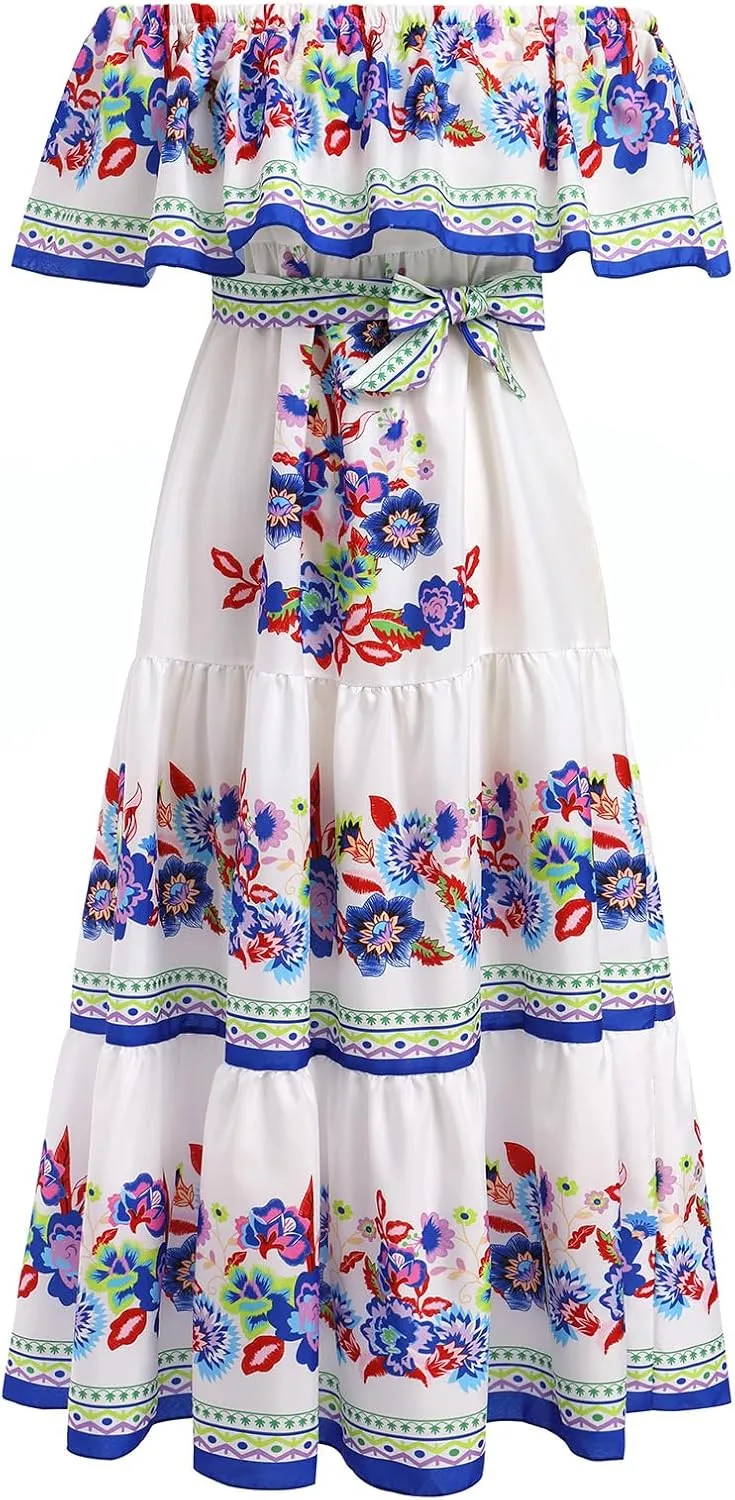 Women Traditional Mexican Dress Off Shoulder Floral Fiesta Folklorico Dresses Tropical Bohemian Maxi Long Sundress