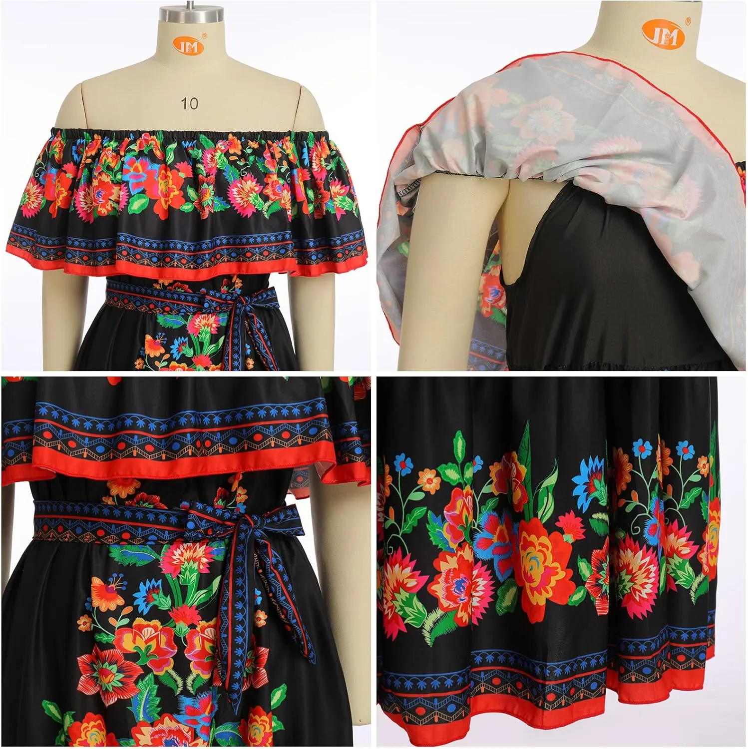 Women Traditional Mexican Dress Off Shoulder Floral Fiesta Folklorico Dresses Tropical Bohemian Maxi Long Sundress