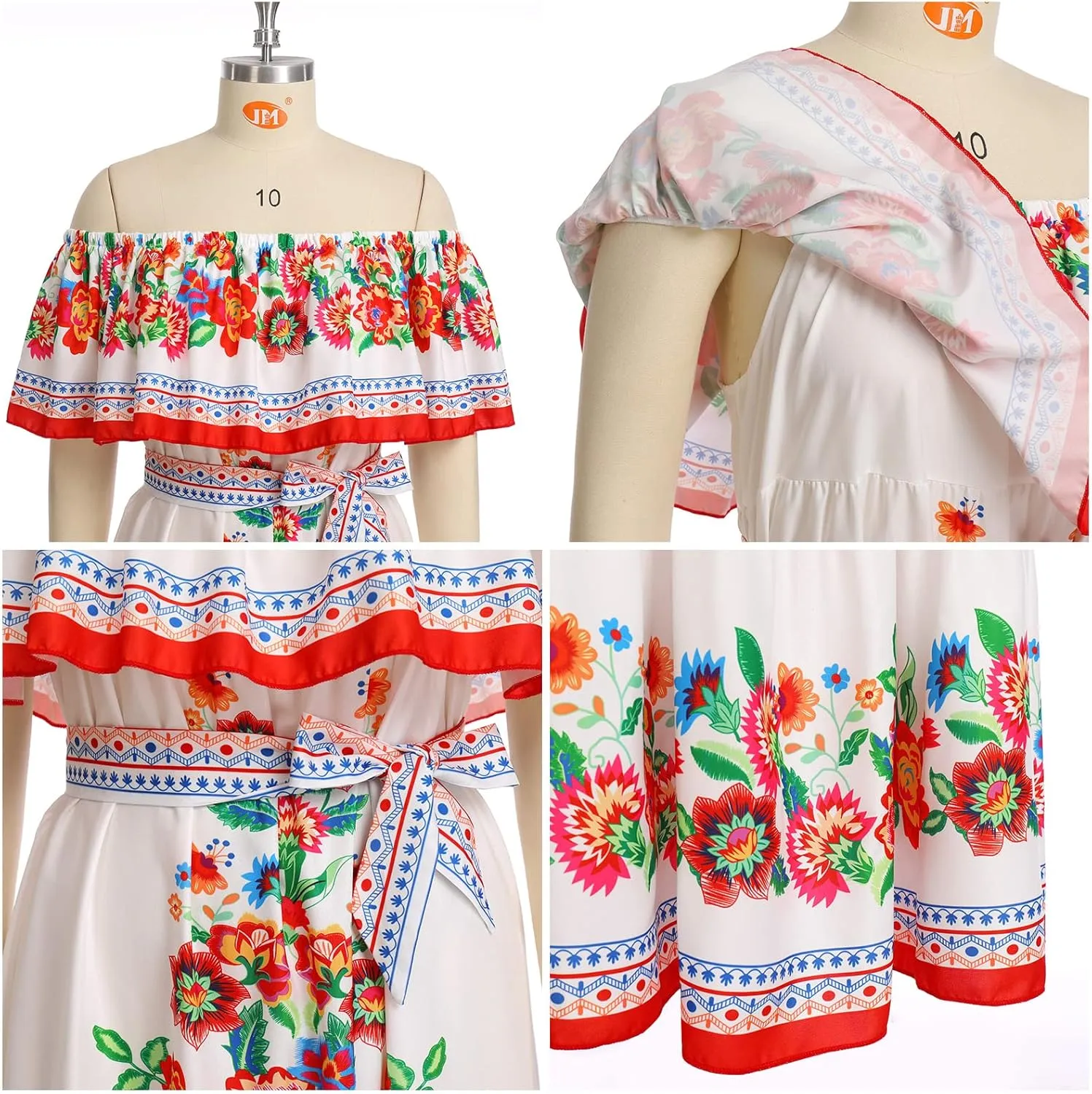 Women Traditional Mexican Dress Off Shoulder Floral Fiesta Folklorico Dresses Tropical Bohemian Maxi Long Sundress