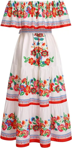 Women Traditional Mexican Dress Off Shoulder Floral Fiesta Folklorico Dresses Tropical Bohemian Maxi Long Sundress
