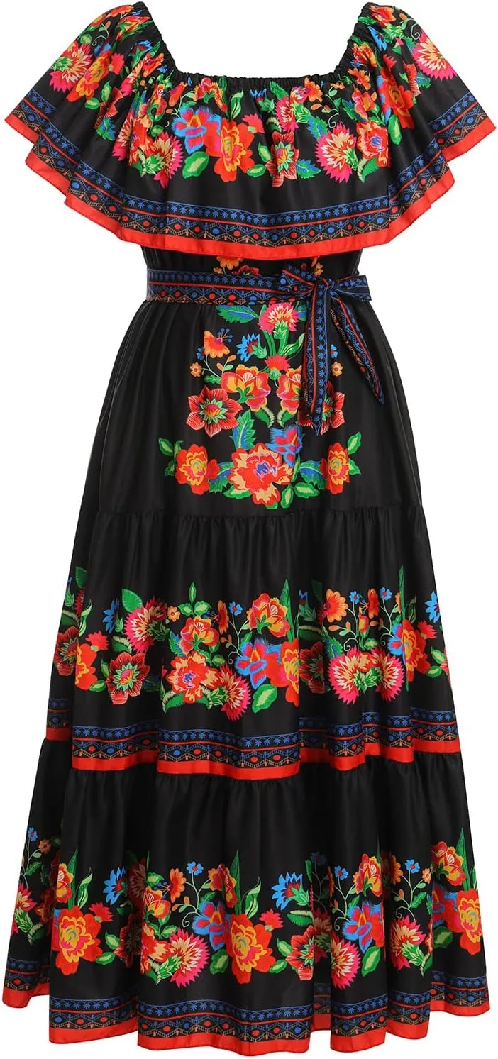 Women Traditional Mexican Dress Off Shoulder Floral Fiesta Folklorico Dresses Tropical Bohemian Maxi Long Sundress