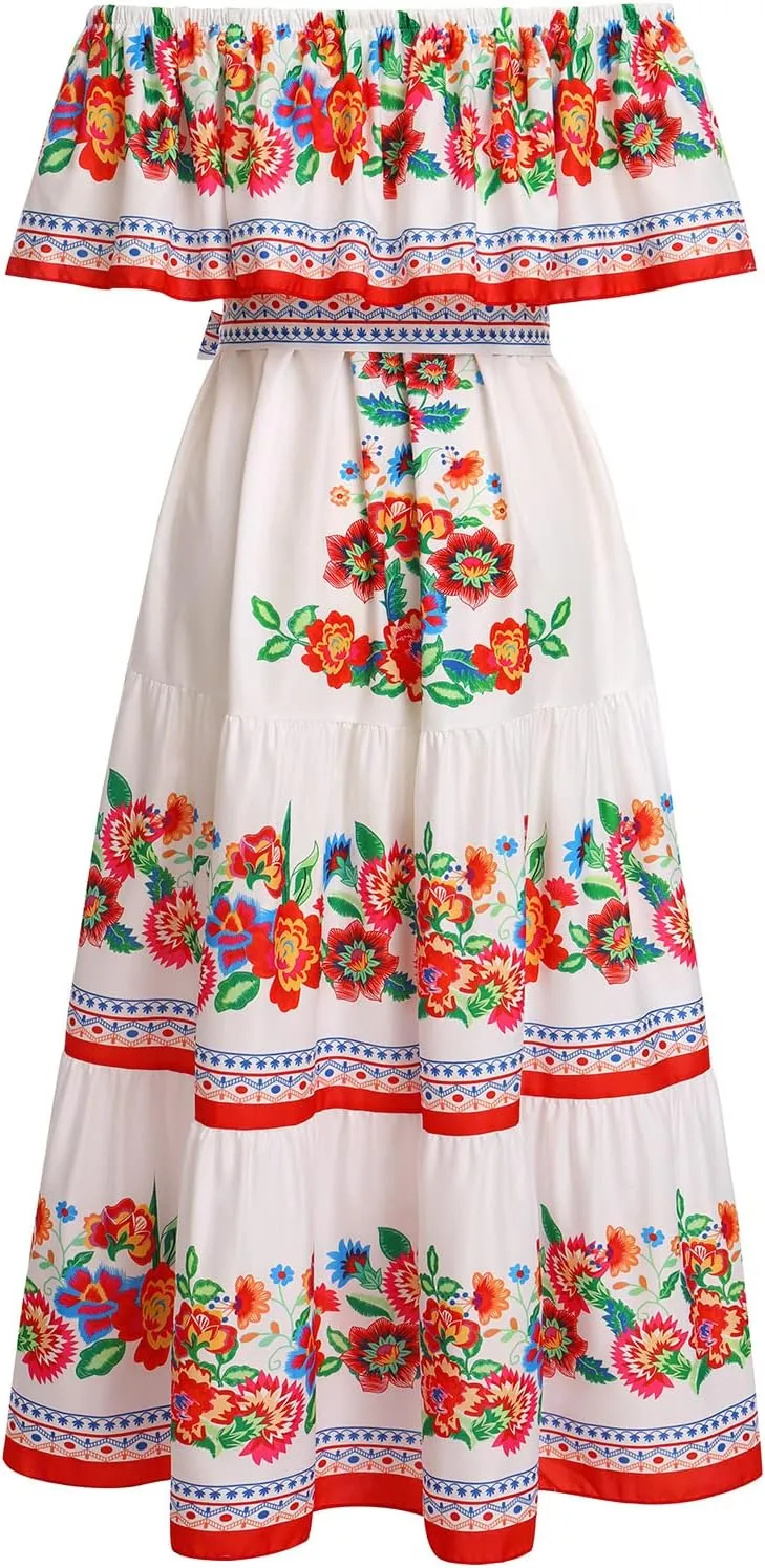 Women Traditional Mexican Dress Off Shoulder Floral Fiesta Folklorico Dresses Tropical Bohemian Maxi Long Sundress