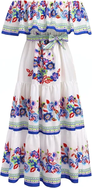 Women Traditional Mexican Dress Off Shoulder Floral Fiesta Folklorico Dresses Tropical Bohemian Maxi Long Sundress