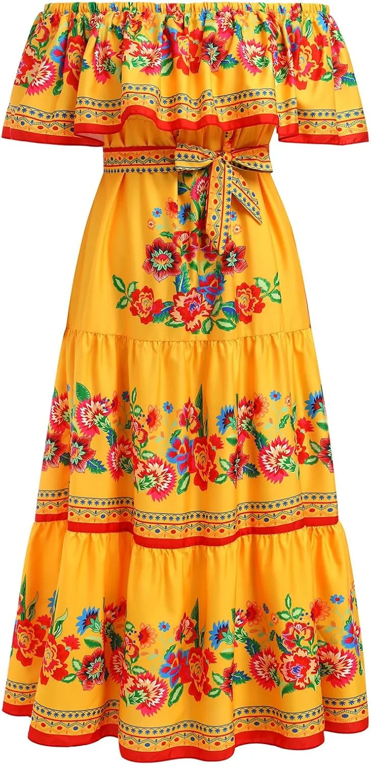 Women Traditional Mexican Dress Off Shoulder Floral Fiesta Folklorico Dresses Tropical Bohemian Maxi Long Sundress