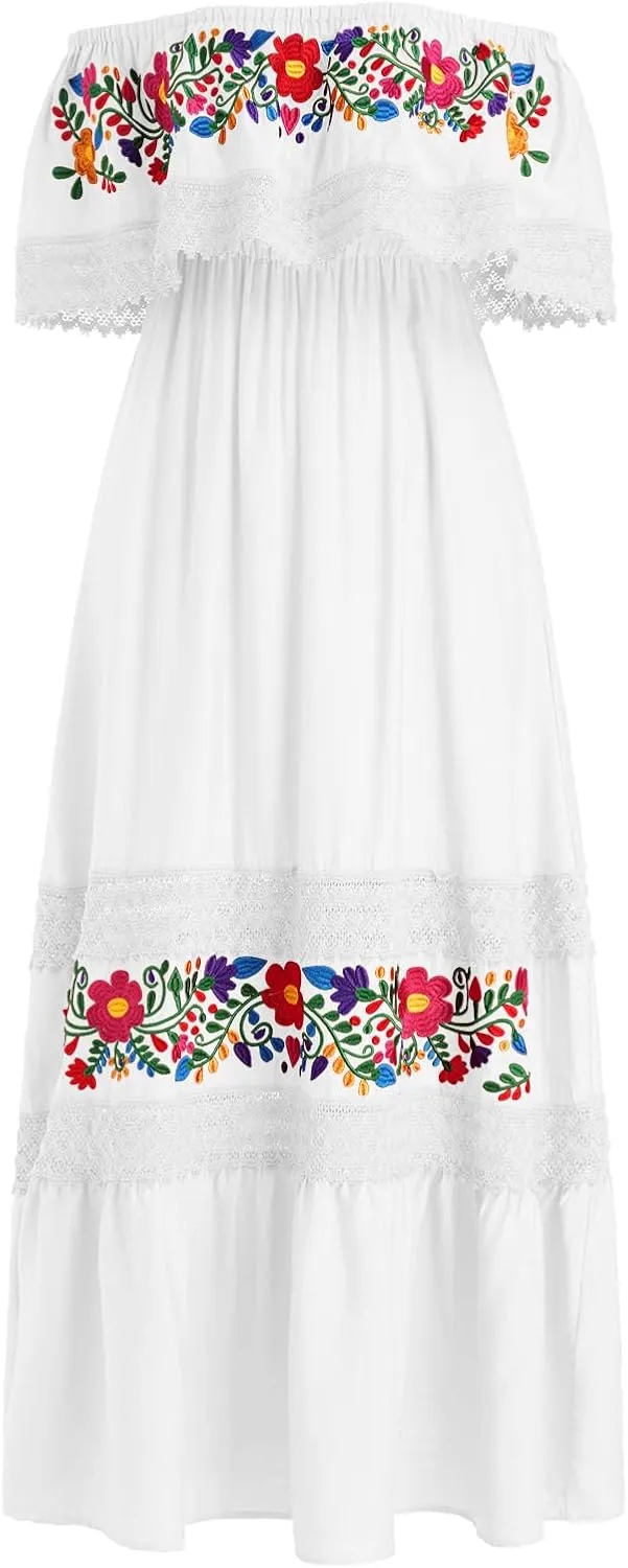 Women Traditional Mexican Dress Off Shoulder Floral Fiesta Folklorico Dresses Tropical Bohemian Maxi Long Sundress