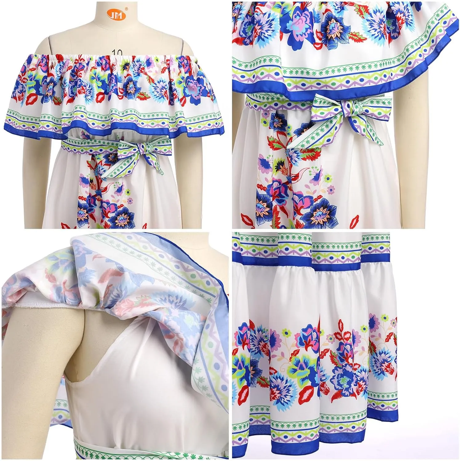 Women Traditional Mexican Dress Off Shoulder Floral Fiesta Folklorico Dresses Tropical Bohemian Maxi Long Sundress