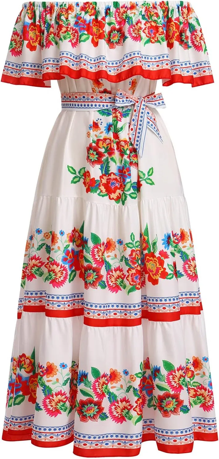 Women Traditional Mexican Dress Off Shoulder Floral Fiesta Folklorico Dresses Tropical Bohemian Maxi Long Sundress
