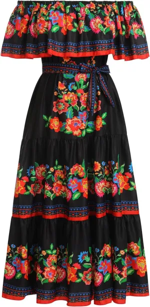 Women Traditional Mexican Dress Off Shoulder Floral Fiesta Folklorico Dresses Tropical Bohemian Maxi Long Sundress