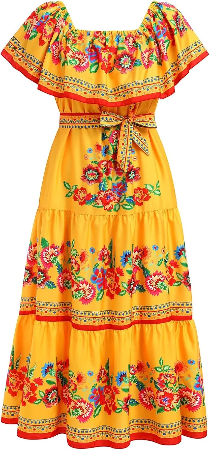 Women Traditional Mexican Dress Off Shoulder Floral Fiesta Folklorico Dresses Tropical Bohemian Maxi Long Sundress
