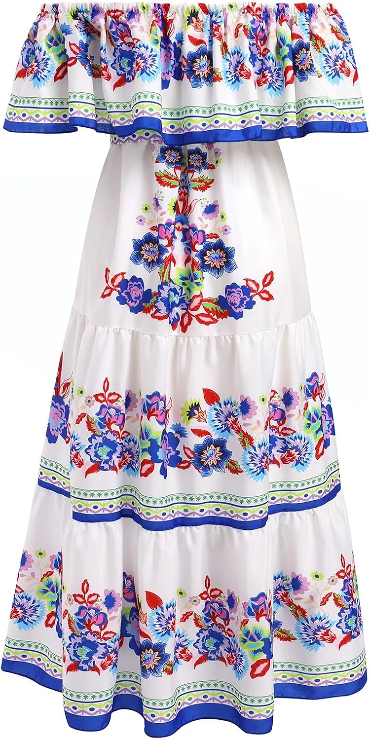 Women Traditional Mexican Dress Off Shoulder Floral Fiesta Folklorico Dresses Tropical Bohemian Maxi Long Sundress