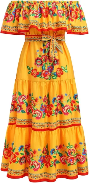 Women Traditional Mexican Dress Off Shoulder Floral Fiesta Folklorico Dresses Tropical Bohemian Maxi Long Sundress