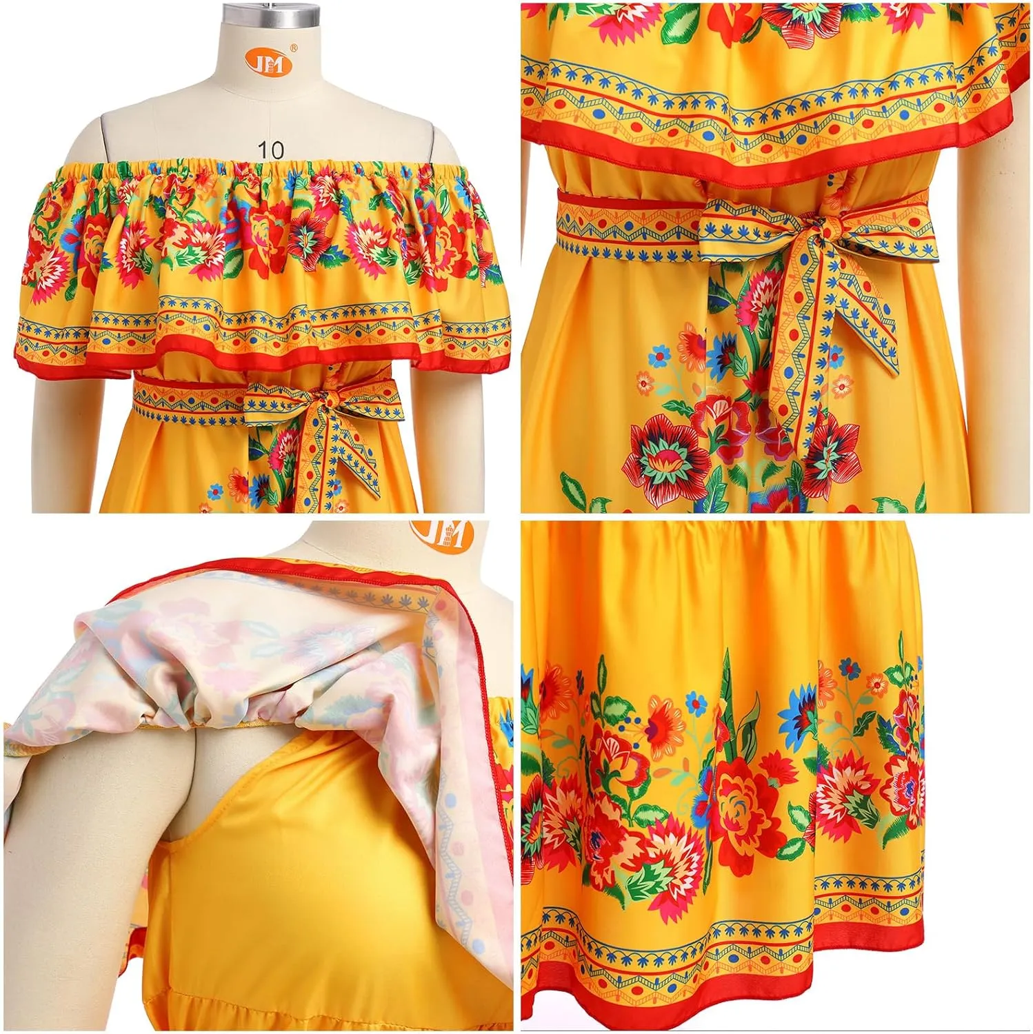 Women Traditional Mexican Dress Off Shoulder Floral Fiesta Folklorico Dresses Tropical Bohemian Maxi Long Sundress