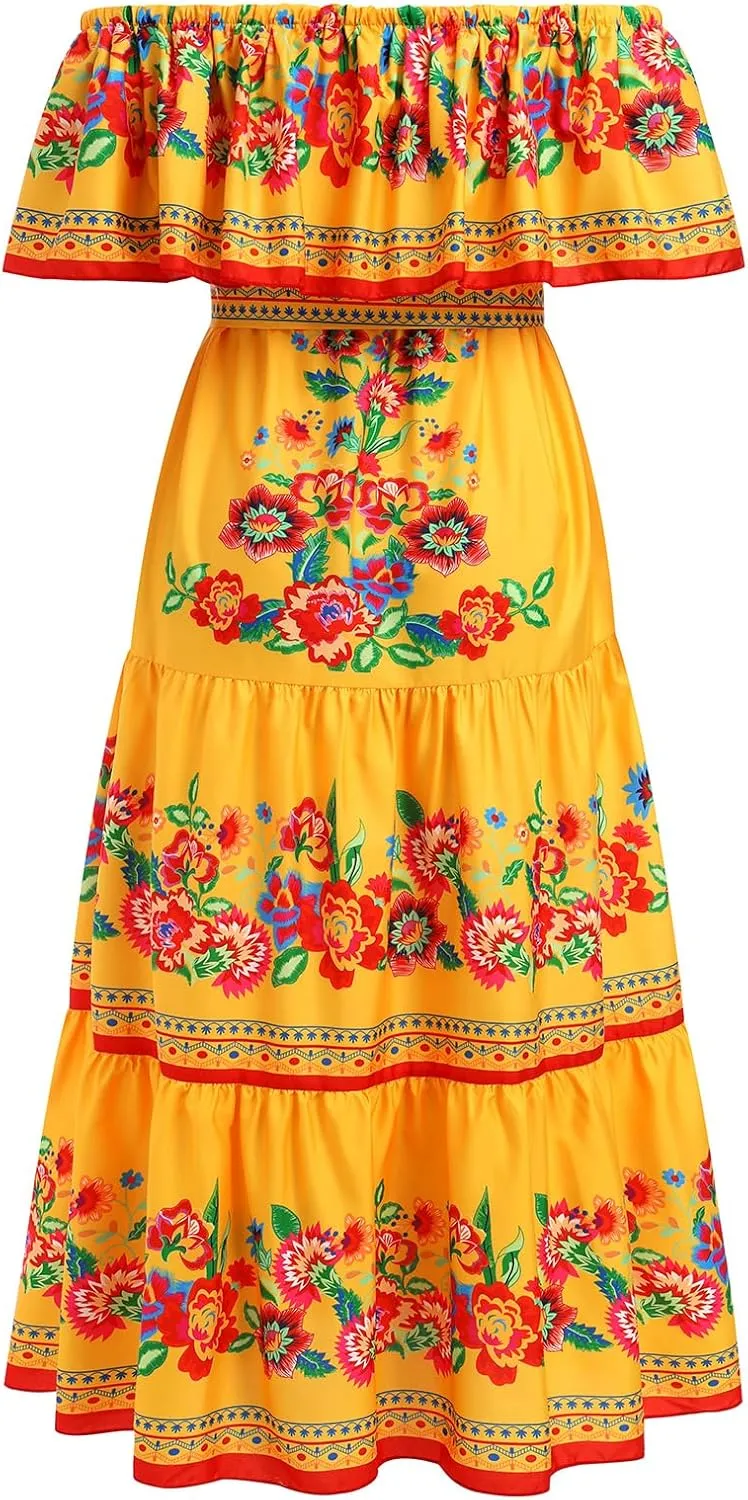 Women Traditional Mexican Dress Off Shoulder Floral Fiesta Folklorico Dresses Tropical Bohemian Maxi Long Sundress