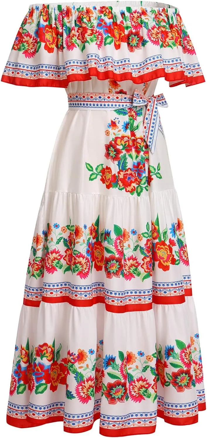 Women Traditional Mexican Dress Off Shoulder Floral Fiesta Folklorico Dresses Tropical Bohemian Maxi Long Sundress