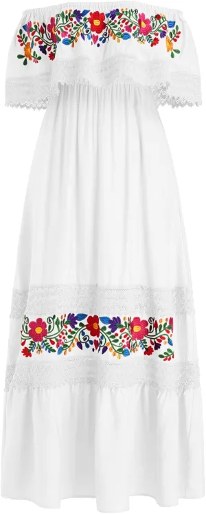 Women Traditional Mexican Dress Off Shoulder Floral Fiesta Folklorico Dresses Tropical Bohemian Maxi Long Sundress