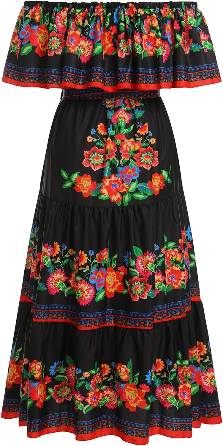 Women Traditional Mexican Dress Off Shoulder Floral Fiesta Folklorico Dresses Tropical Bohemian Maxi Long Sundress