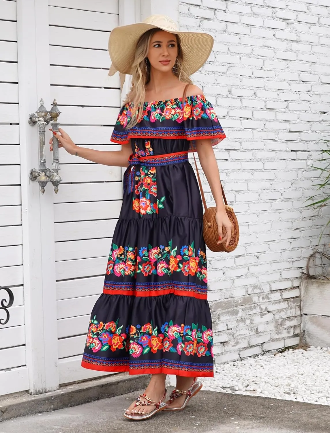 Women Traditional Mexican Dress Off Shoulder Floral Fiesta Folklorico Dresses Tropical Bohemian Maxi Long Sundress