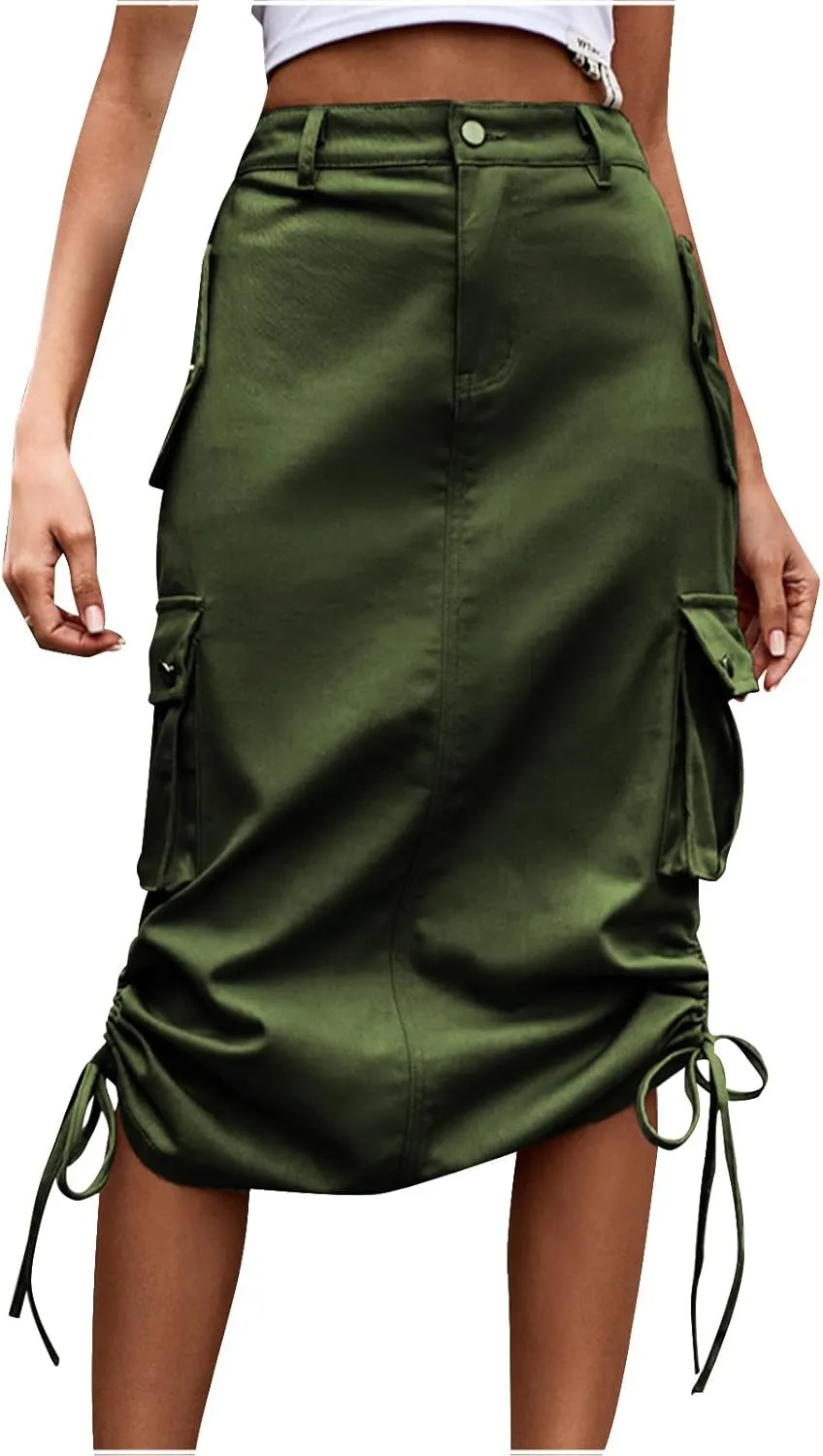 Women Y2k Drawstring Cargo Denim Skirt High Waist Ruched Parachute Maxi Long Skirts Vintage Jean Skirt with Pockets