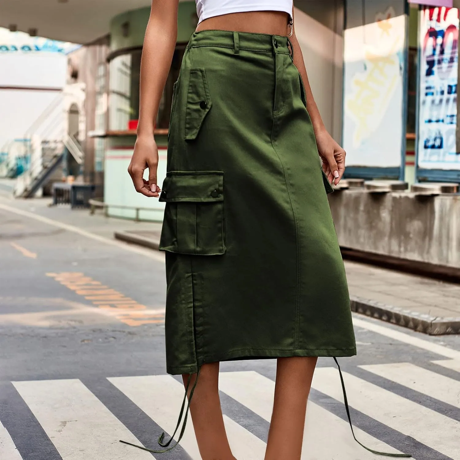 Women Y2k Drawstring Cargo Denim Skirt High Waist Ruched Parachute Maxi Long Skirts Vintage Jean Skirt with Pockets