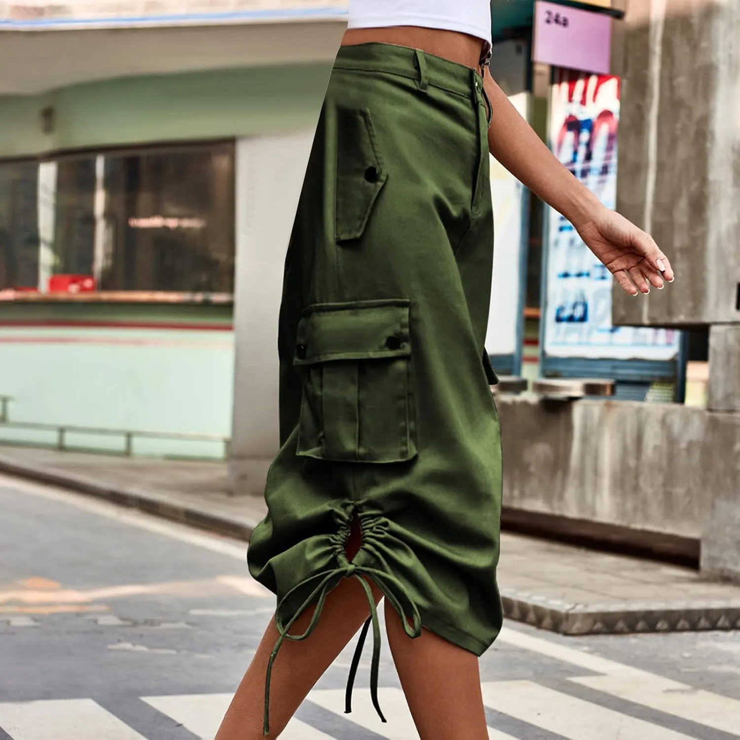 Women Y2k Drawstring Cargo Denim Skirt High Waist Ruched Parachute Maxi Long Skirts Vintage Jean Skirt with Pockets