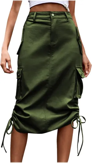 Women Y2k Drawstring Cargo Denim Skirt High Waist Ruched Parachute Maxi Long Skirts Vintage Jean Skirt with Pockets