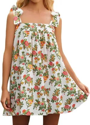 Women Y2K Tie Shoulder Mini Dress Square Neck Floral Ruffle Flowy Babydoll Dress Summer Bow Strap Boho Short Dresses